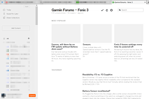 FEEDリーダーでGarmin Forum - Fenix3のRSS2を取得