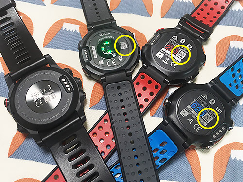 黄色の○が二次元バーコード、fenix3にはない