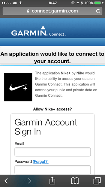 Garmin Connectのログイン画面が表示されるのでログイン