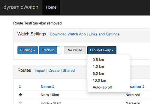 Auto-lap の設定は http://dynamic.watch で行う