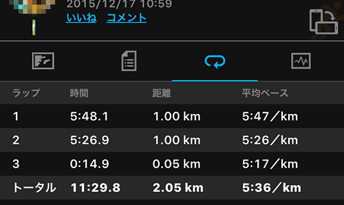 Auto-lapを1kmに設定、GCM上での表示、確かに1kmごとのラップは表示されてはいるが。。。