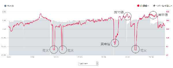 グレー部分がペース、赤いラインが心拍数、異常値3回、花火3回(笑)