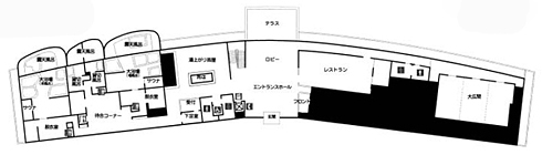 ロビー、レストラン、大浴場などがある2F